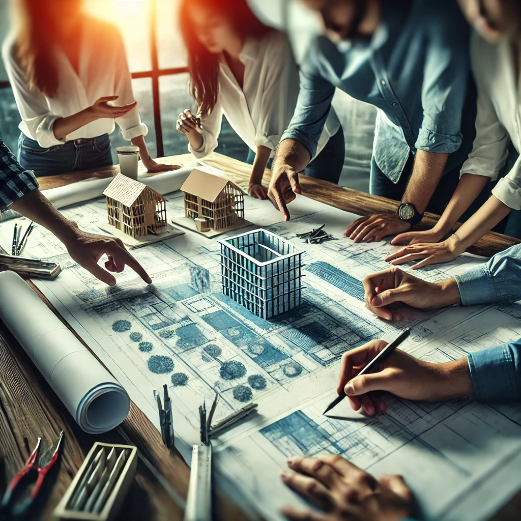 DALL·E 2025-01-31 00.22.02 - A team of architects working together in an office, collaborating on architectural projects. The workspace is filled with blueprints, models, and draf